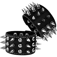 Milakoo - Pulsera ajustable de piel con tachuelas de metal negro y punk rock motero- correa ancha